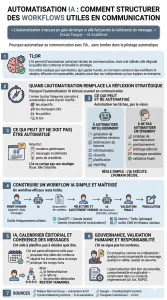 Infographie sur l'automatisation raisonnée en communication : illustration d'un workflow IA piloté par l'humain avec points de validation stratégique et flux de contenus structurés.