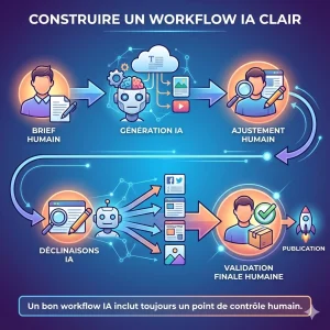 Schéma de workflow de communication intégrant intelligence artificielle et validation humaine