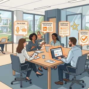 Illustration en flat design montrant une équipe de professionnels du marketing en réunion dans un bureau moderne et lumineux. Ils collaborent autour d'une table avec des ordinateurs portables, entourés d'une aura lumineuse et d'icônes orange représentant des interfaces d'IA pour l'optimisation de contenu.
