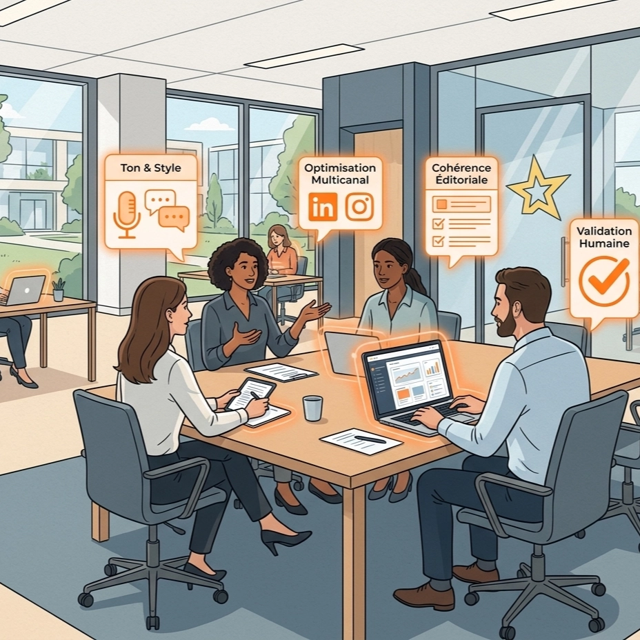 Illustration en flat design montrant une équipe de professionnels du marketing en réunion dans un bureau moderne et lumineux. Ils collaborent autour d'une table avec des ordinateurs portables, entourés d'une aura lumineuse et d'icônes orange représentant des interfaces d'IA pour l'optimisation de contenu.