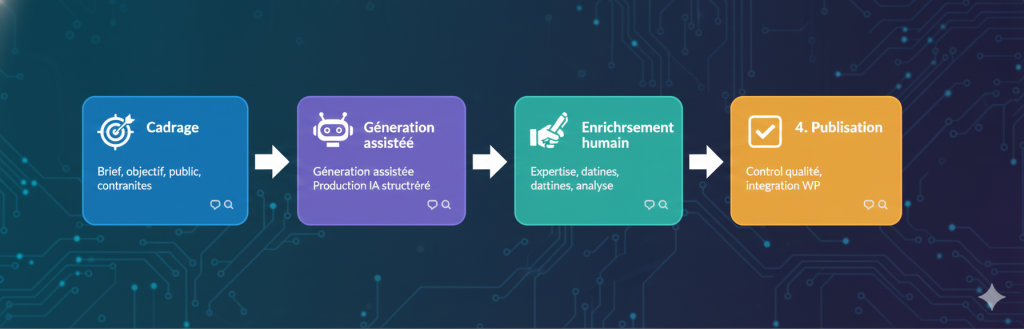 Diagramme du workflow éditorial IA + WordPress en 4 phases 