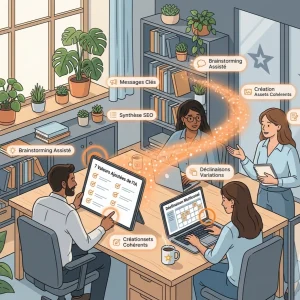 Une illustration vectorielle de haute qualité pour l'IA Académie dans un style flat design épuré, linework élégant et texture papier subtile. Dans un bureau à domicile cozy et lumineux avec des plantes, un groupe d'entrepreneurs apprenants (trois personnes) collabore autour d'un grand bureau en bois clair. Ils travaillent sur des écrans affichant des plans d'audit éditorial et de déclinaisons multicanal. Un flux de particules orange (#FF7A00) brillant doucement se dessine, reliant virtuellement l'équipe à des concepts clés. L'ambiance est chaleureuse et professionnelle, avec des couleurs dominantes gris ardoise et bleu glacier, rehaussées par le orange (#FF7A00) uniquement pour les points d'interaction et de validation. L'illustration est exempte de robots ou d'éléments de science-fiction sombres.