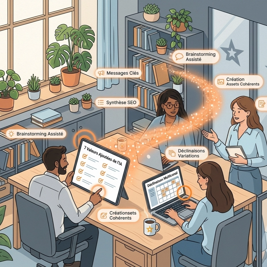 Une illustration vectorielle de haute qualité pour l'IA Académie dans un style flat design épuré, linework élégant et texture papier subtile. Dans un bureau à domicile cozy et lumineux avec des plantes, un groupe d'entrepreneurs apprenants (trois personnes) collabore autour d'un grand bureau en bois clair. Ils travaillent sur des écrans affichant des plans d'audit éditorial et de déclinaisons multicanal. Un flux de particules orange (#FF7A00) brillant doucement se dessine, reliant virtuellement l'équipe à des concepts clés. L'ambiance est chaleureuse et professionnelle, avec des couleurs dominantes gris ardoise et bleu glacier, rehaussées par le orange (#FF7A00) uniquement pour les points d'interaction et de validation. L'illustration est exempte de robots ou d'éléments de science-fiction sombres.