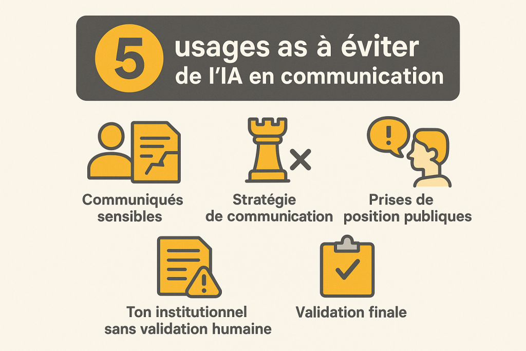 Infographie des 5 usages à éviter avec l’IA en communication