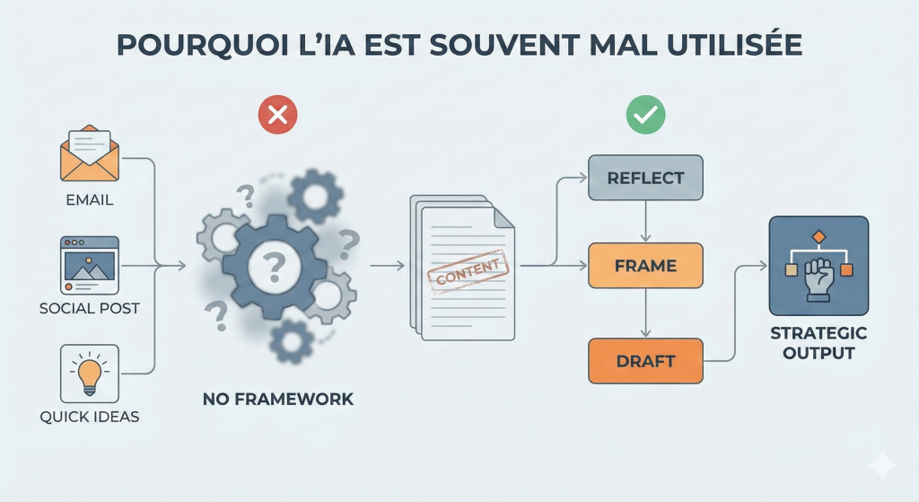 Schéma montrant les erreurs courantes d’usage de l’IA en communication.