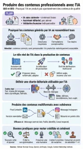 Infographie : Guide pratique pour produire des contenus professionnels avec l’IA (SEO et GEO). 5 étapes pour éviter les contenus génériques, définir un rôle d'assistant à l'IA, établir une charte éditoriale, décliner les formats et maintenir la cohérence de marque.