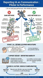Infographie verticale : Transformer le reporting communication avec l'IA. 4 étapes visuelles pour passer du chaos des données à la prise de décision stratégique (Collecte, Analyse, Synthèse narrative, Action).