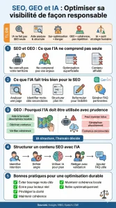 Infographie intitulée "SEO, GEO et IA : Optimiser sa visibilité de façon responsable". Elle est divisée en cinq sections numérotées et une introduction "TL;DR", détaillant les limites de l'IA en référencement (SEO et GEO), ses atouts pour l'analyse et la structure, les précautions à prendre pour le référencement local, un flux de travail pour structurer le contenu, et une liste de bonnes pratiques durables.