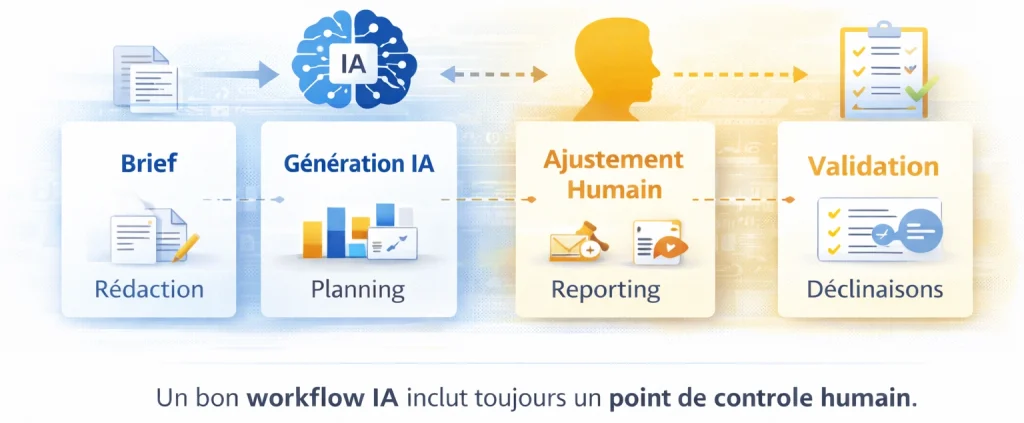 Schéma de workflow de communication intégrant intelligence artificielle et validation humaine 