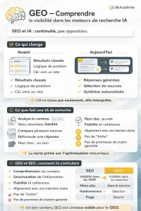 Infographie expliquant les principes fondamentaux du GEO, la différence avec le SEO et le fonctionnement des moteurs de recherche basés sur l’intelligence artificielle.